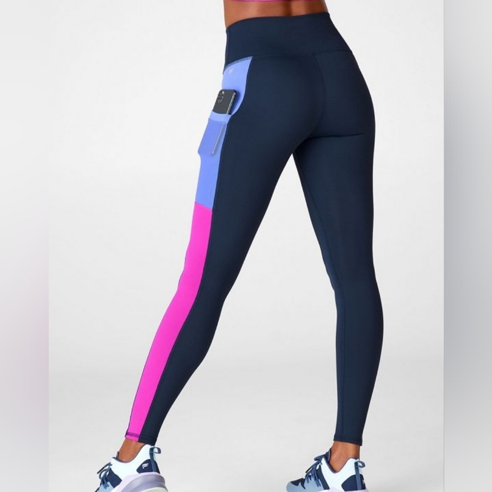 Fabletics Blue Color Block Pink Purple PowerHold Leggings Size 2X Phone Pockets